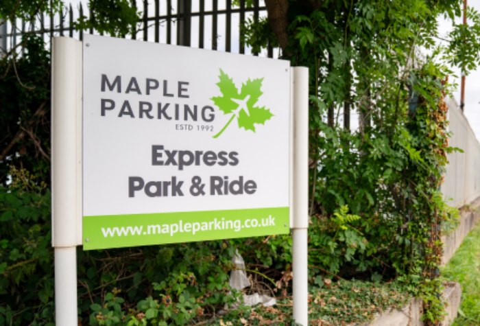 Entrance to Maple Parking Express Park and Ride at Heathrow with clear Maple Parking Branded signage