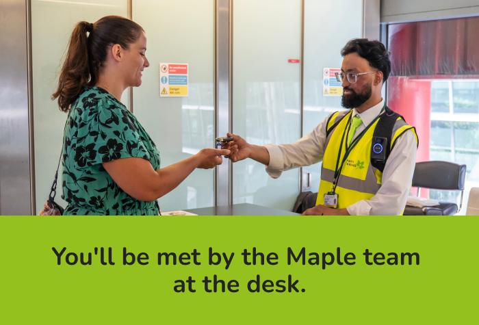 Woman giving car keys to friendly Maple Parking staff member at Heathrow Park and Ride reception with text reading 'You'll be met by the Maple team at the desk'