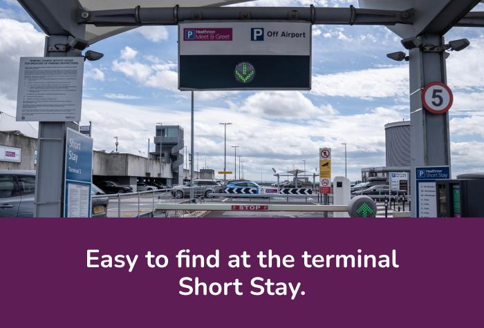 Purple Parking Meet and Greet Heathrow car park entrance with text reading 'Drive to the terminal Short Stay car park'
