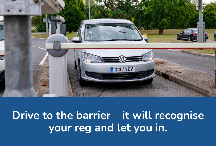 Stansted Long Stay car park with text reading 'Drive to the barrier - it will recognise your reg and let you in'