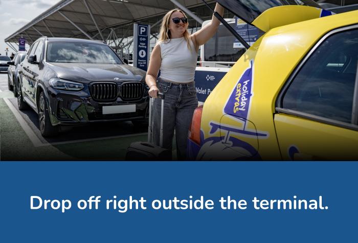 Female customer dropping off car at Official Valet reception, taking luggage from the open boot with text reading 'Drop off right outside the terminal'