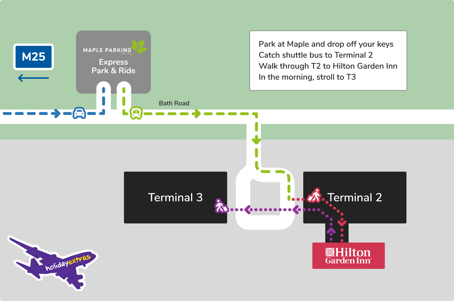 Heathrow Hilton Garden Inn with Maple Parking - Getting to T3 Map