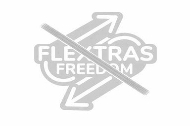 A purple and yellow s-shaped icon with arrows pointing out from each end, it reads Flextras Freedom