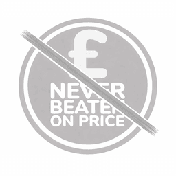 A round purple logo with a britsh pound sign at the top, it reads Never Beaten on Price