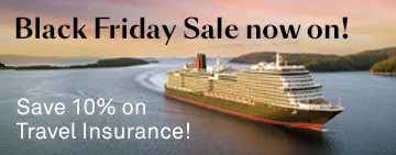 An aerial view of a cruise ship with a large pool deck visible at the rear, and a spacious area with lounge chairs and sunbeds.