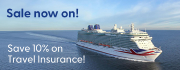 An aerial view of a cruise ship with a large pool deck visible at the rear, and a spacious area with lounge chairs and sunbeds.