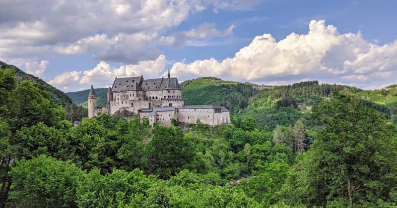 Vianden Castle perched above a river valley in Luxembourg