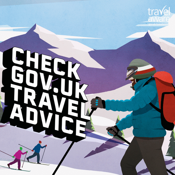 Check GOV.UK Travel Advice — skiers on a winter slope