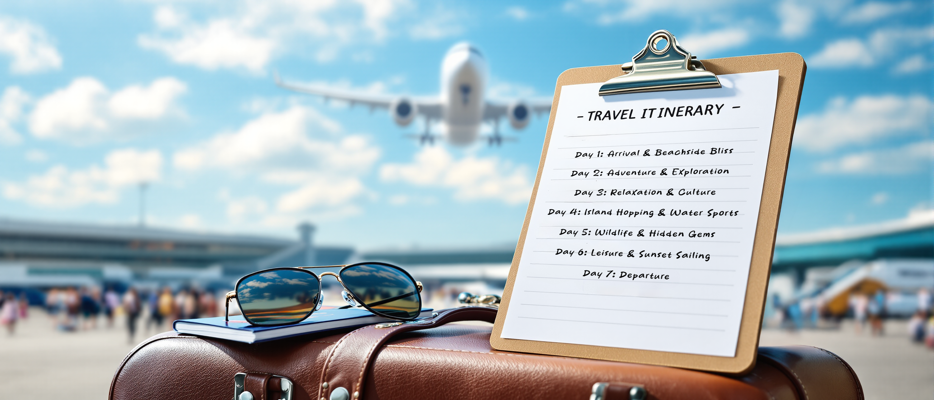 A travel itinerary clipboard with an airplane taking off behind it
