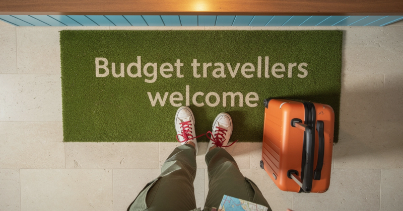 Person with red sneakers and orange suitcase standing on a green welcome mat that reads “Budget travellers welcome” — affordable travel concept.