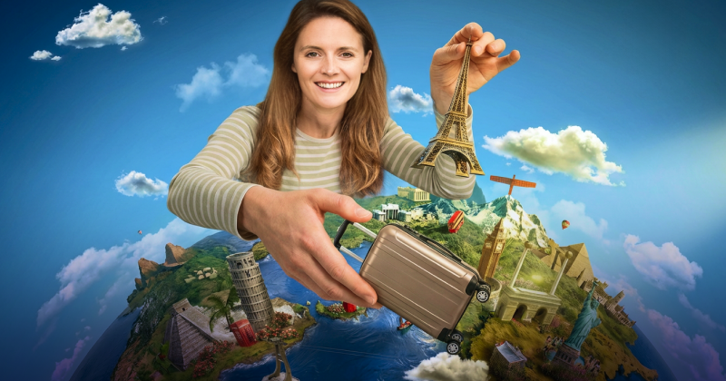 Smiling woman packing a suitcase with miniature world landmarks like the Eiffel Tower, Big Ben, and Leaning Tower of Pisa — global travel and adventure concept.