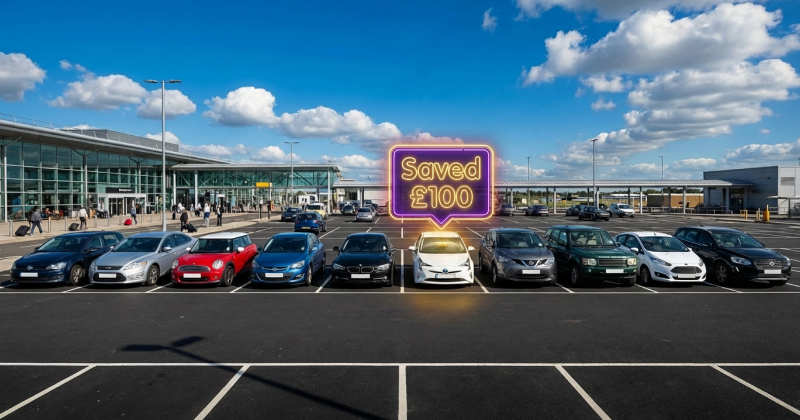 Row of parked cars at a UK airport parking lot under a blue sky, with a glowing sign above one car reading Saved £100