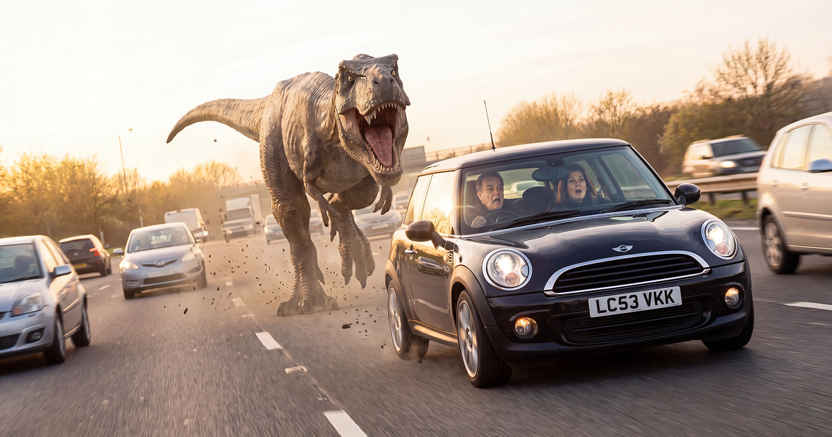 A dinosaur chasing a car along a motorway