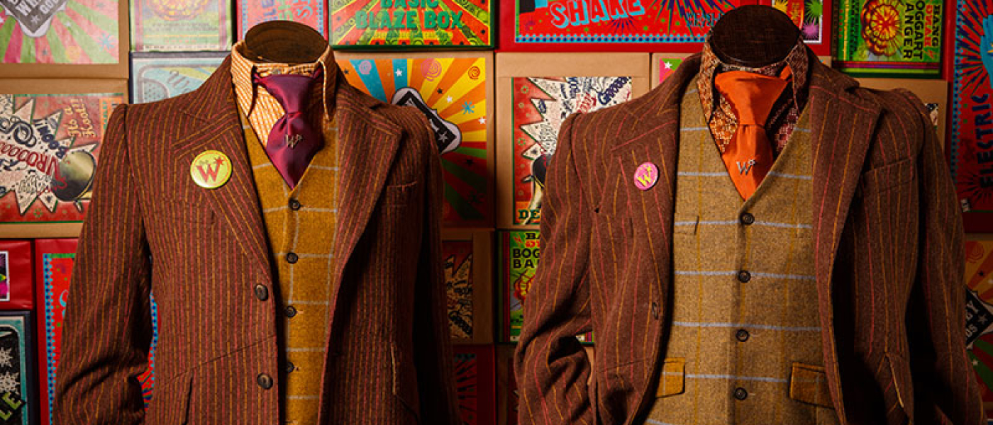 Weasley twins' costumes displayed at Warner Bros. Studio Tour.