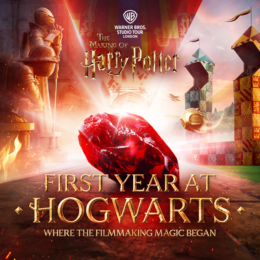 First Year at Hogwarts campaign artwork with the Philosopher's Stone, Wizard's Chess and Quidditch