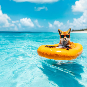 Fuchs liegt auf Schwimmreifen im türkisfarbenen Wasser