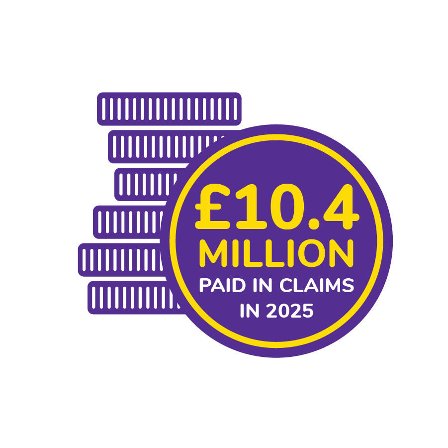Stack of coins icon with a badge overlay. The badge reads '£10.4 Million Paid in Claims in 2025' in yellow and white on a purple background with a yellow border.