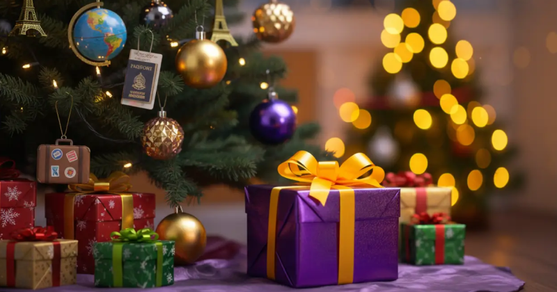 Colorful Christmas presents under a decorated tree with travel-themed ornaments, glowing lights, and a festive purple gift wrapped in a gold ribbon.