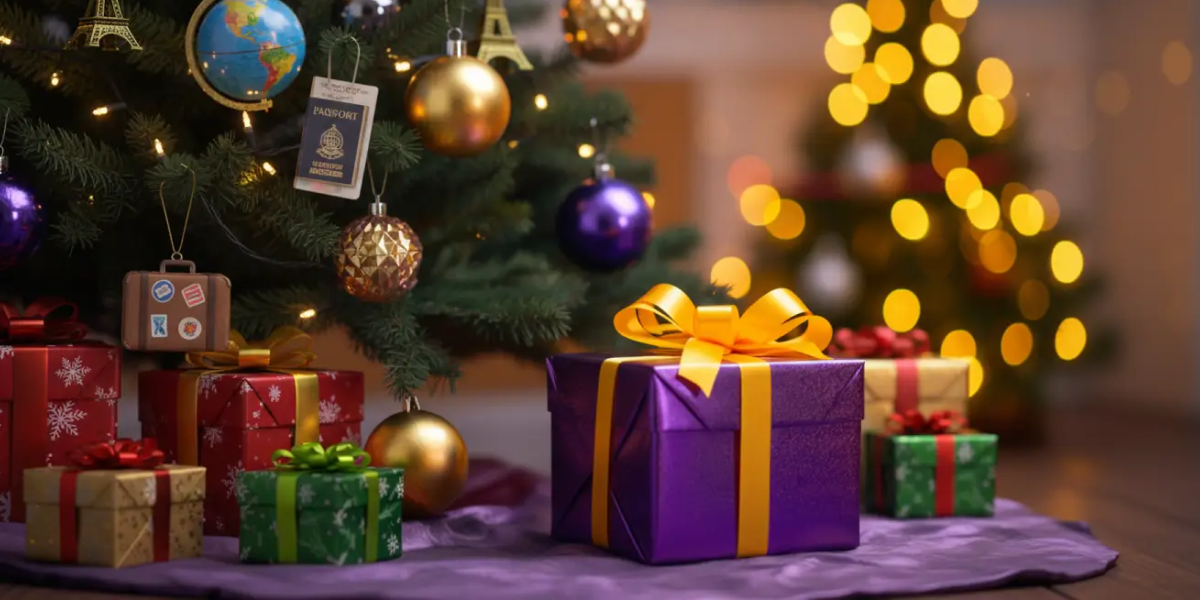 Colorful Christmas presents under a decorated tree with travel-themed ornaments, glowing lights, and a festive purple gift wrapped in a gold ribbon.