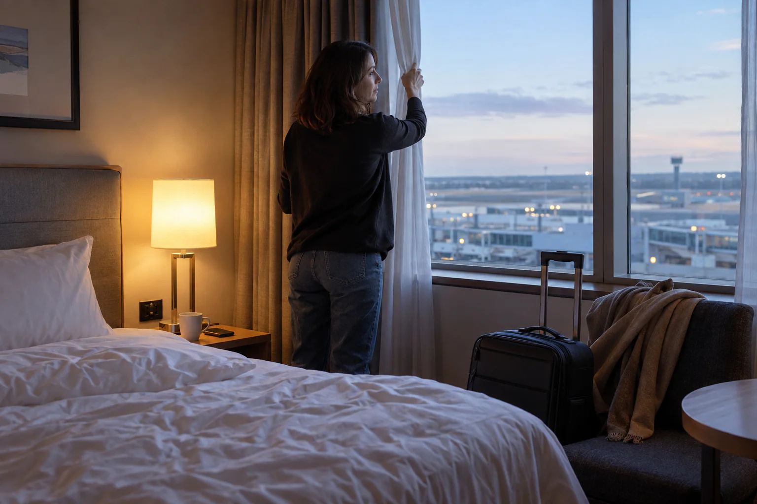 A welcoming airport hotel room before departure