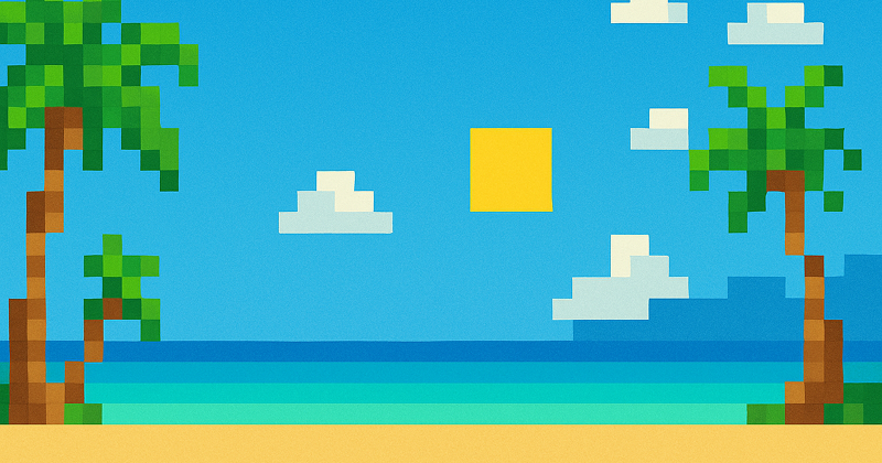 Pixel art tropical beach scene with palm trees, blue ocean, yellow sun, and blocky clouds under a clear sky — retro 8-bit summer island vibe.