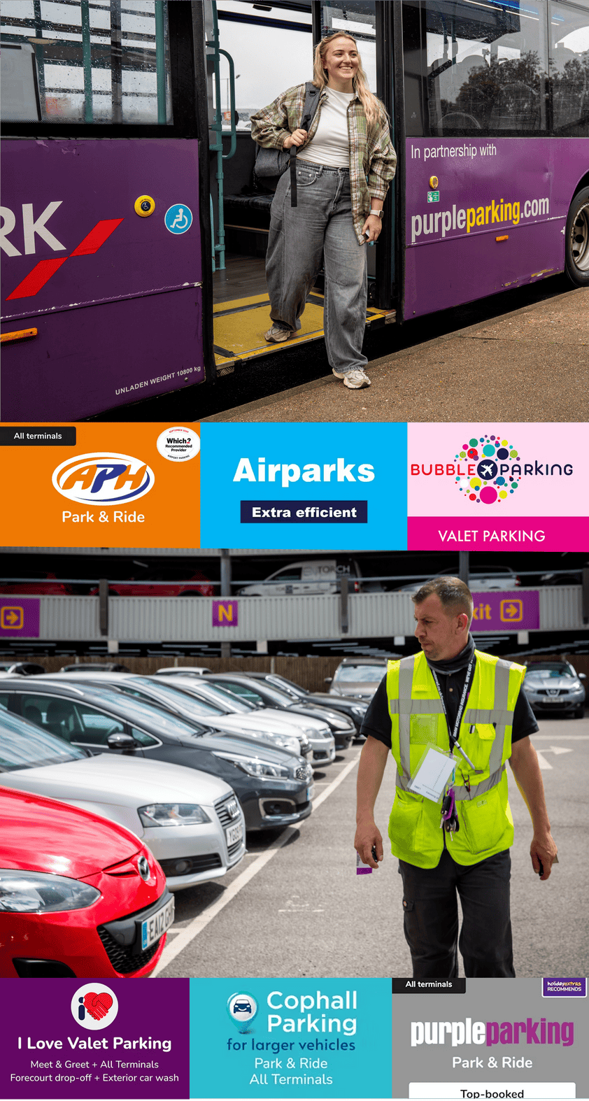 mobile gatwick header featuring car park logos, woman stepping off purple parking bus and airport security checking cars