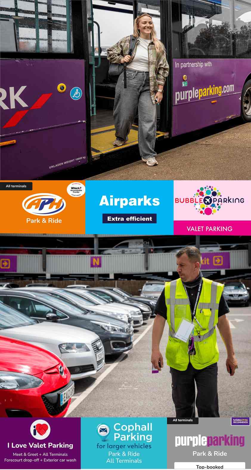 mobile gatwick header featuring car park logos, woman stepping off purple parking bus and airport security checking cars