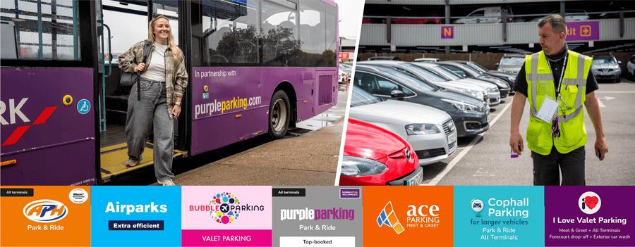 gatwick header featuring car park logos, woman stepping off purple parking bus and airport security checking cars