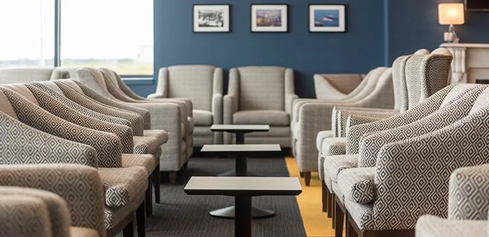 Seating inside the Northern Lights Lounge at Aberdeen Airport