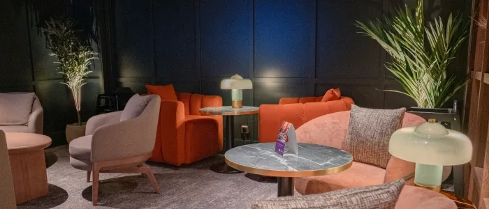 Comfortable seating inside a No1 Lounge at Heathrow Airport