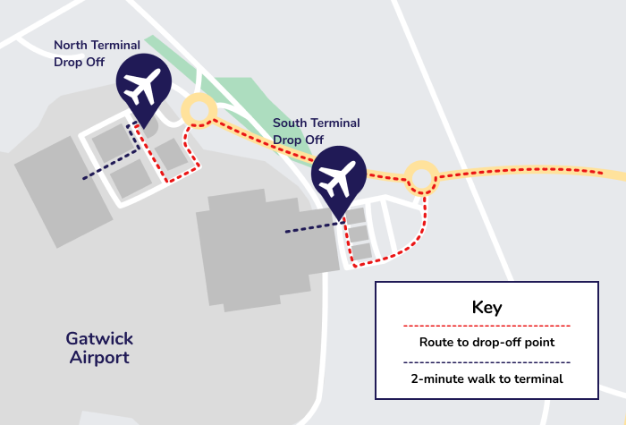 Ace Meet and Greet Gatwick all terminals Map showing the locations for both North and South terminal drop offs